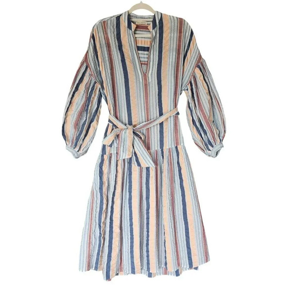 Ulla Johnson 100% Cotton Selvi Midi Dress Multi Striped Oversized Belted Size 0 - Picture 4 of 10